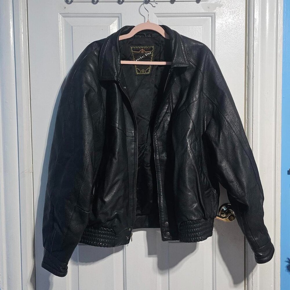 Vintage Anchor Blue Brand Black Leather Bomber Jacket